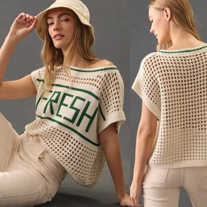 Mother The Be Square Pullover Top Size S Cotton Crochet Fresh Boho Cream Green